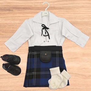 Ramsay Blue Tartan Baby Kilt Outfit made in Scotland – Full set Kilt, Ghillie Shirt, Hose, Sporran, Brogues |  Newborn, Toddler Sizes