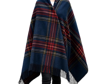 Scottish Tartan Blanket Wool Cape – Stewart Navy Plaid Blanket Wrap
