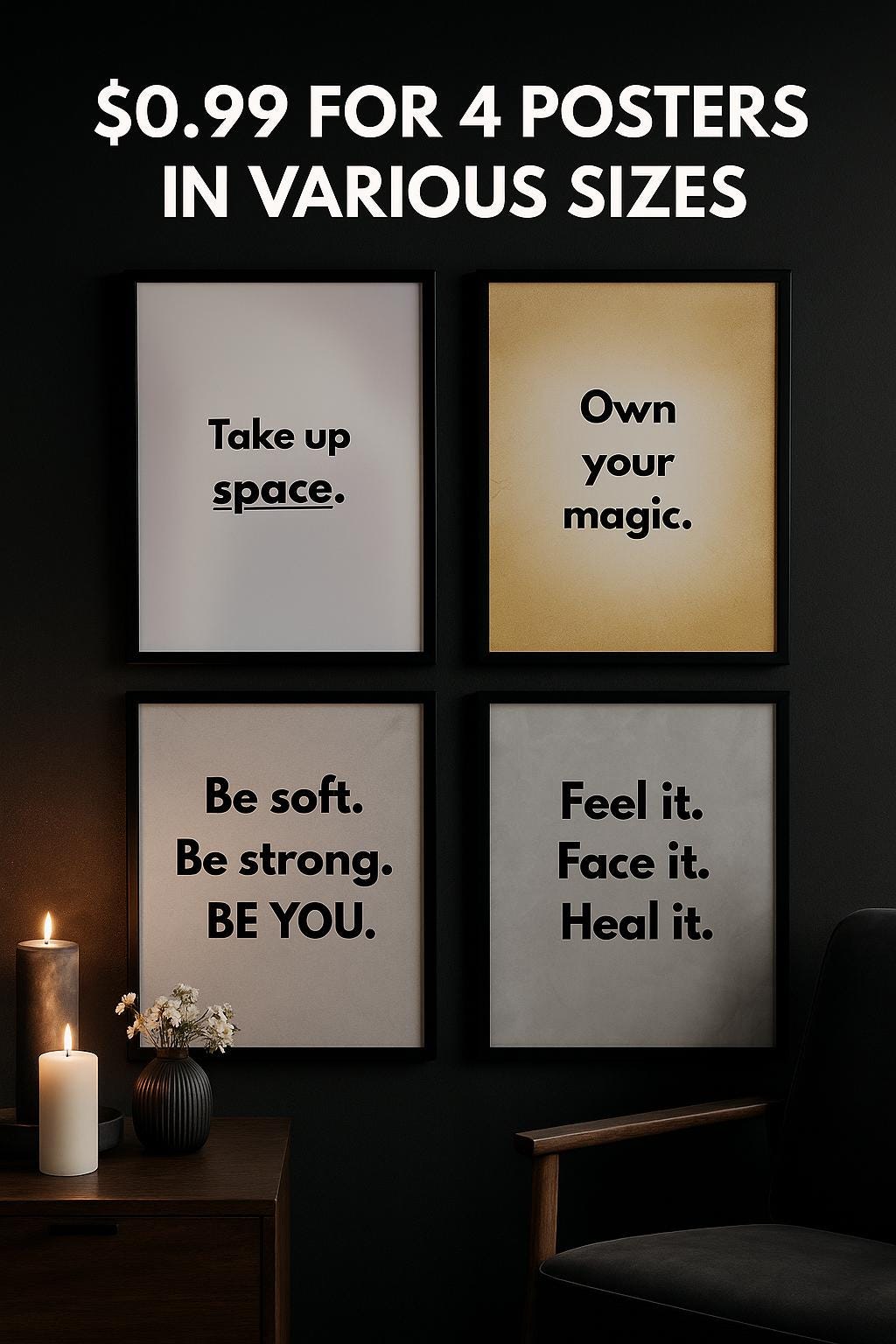 Empowerment Wall Art Set — Minimalist Motivational Prints for Therapy, Office & Home | Set of 4