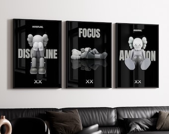 Póster motivacional de Kaws para pared; decoración para habitaciones Hypebeast, póster para sala de juegos (conjunto digital de 3)