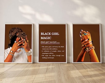 Black Girl magische muurkunst set-3, moderne meisjeskamerdecoratie, vrouwelijke affirmatieprints (digitaal)