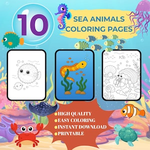 Sea Animals Coloring Pages, Printable Ocean Creatures For Kids, Cute Marine Life Art Sheets, Underwater Activity, Instant PDF Download