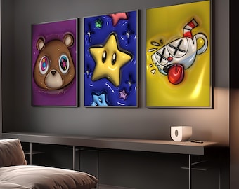 Conjunto de 3 láminas decorativas estilo Hypebeast de la década del 2000, paquete de pósteres para sala de juegos, láminas urbanas inspiradas en Kaws (digitales)