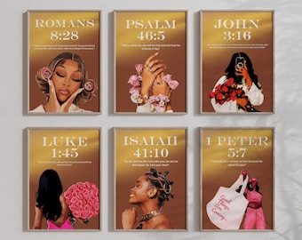 Paquete de láminas decorativas con motivos de mujeres negras cristianas, con versículos bíblicos femeninos (descarga digital).