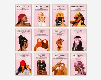 Set van 12 roze christelijke muurkunst, vrouwelijke bijbelversafdrukken, roze poster met schrifttekst (digitaal)