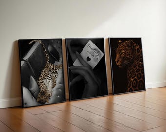Black Glam Leopard Print, Luxury Black Fashion Wall Art, Feminine Energy Poster (Digital-3)