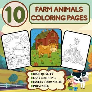 Farm Animals Coloring Pages, Cute Barnyard Printable Sheets, Kids Animal Art, Fun Farm Coloring For Children, PDF Download, Instant Print