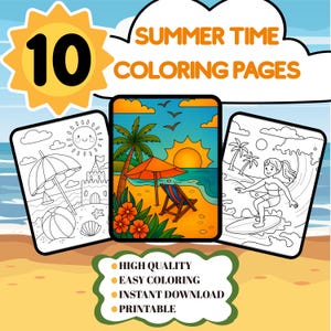 Summer Time Coloring Pages, Fun Holiday Printable Sheets, Beach And Sun Art, Relaxing Summer Activities, PDF Download, Instant Print