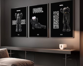 Láminas motivacionales de Kaws; Arte mural Hypebeast, Decoración para habitación de hombre negro (Conjunto digital 3)