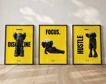 Arte mural de Kaws en negro y amarillo; lámina motivacional estilo hypebeast, póster de gimnasio de Kaws (Digital-3)