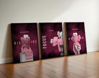 Conjunto de 3 pósteres de Kaws en negro y rosa, arte mural motivacional, lámina digital de Kaws estilo Hypebeast.