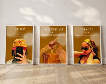 Set-3 christelijke zwarte vrouw kunst aan de muur, moderne bijbelversafdrukken, Faith Home Decor (digitaal)