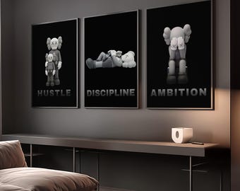 Juego de 3 láminas decorativas de pared Kaws; láminas motivacionales negras, decoración para habitaciones Hypebeast (digital)