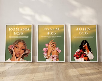 Juego de 3 láminas decorativas con motivos de mujeres negras cristianas, con versículos bíblicos y decoración femenina (digital).