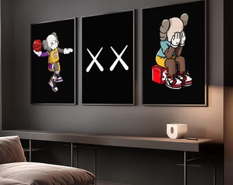 Juego de 3 láminas decorativas de estilo Kaws, pósteres negros Hypebeast, decoración urbana streetwear (digital)
