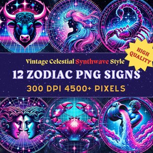 Clipart de los 12 signos del zodíaco, paquete PNG vintage de Synthwave, gráficos astrológicos, fondo transparente, descarga digital, alta resolución