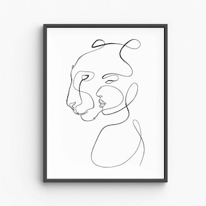 Disegno minimalista di donna e tigre, stampa di spirito selvaggio femminile, disegno di tigre in bianco e nero, decorazione da parete audace, download digitale