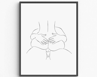Romantic Couple Line Art Print, Sensual Embrace, Minimalist Decor (Digital Download)