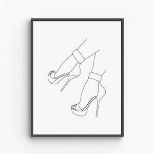 Minimalistischer Schuh mit Absatz, Frau Fuß in Heels Zeichnung, elegante Mode-Illustration, schicke Linie Kunst, druckbare Wandkunst für Schrankdekor