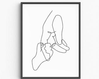 Minimalist Line Art Print, Baby and Mom Hands, Family Wall Decor (Digital Download)