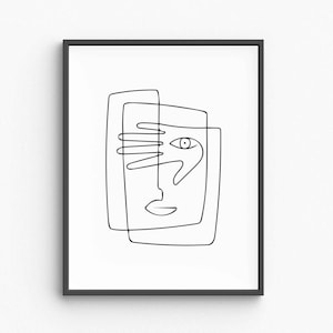 May include: Black framed art print featuring a minimalist line drawing of a face. The artwork is a continuous line, depicting an eye, nose, mouth, and a hand over the eye. The background is white, and the frame is black.