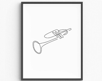 Minimalist Trumpet Line Art Print, Jazz Music Decor (Digital Download)