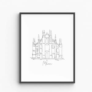 May include: A framed black and white line drawing of the Milan Cathedral. The artwork features a continuous line illustration of the cathedral's facade, with the city name, "Milan," written below in cursive.