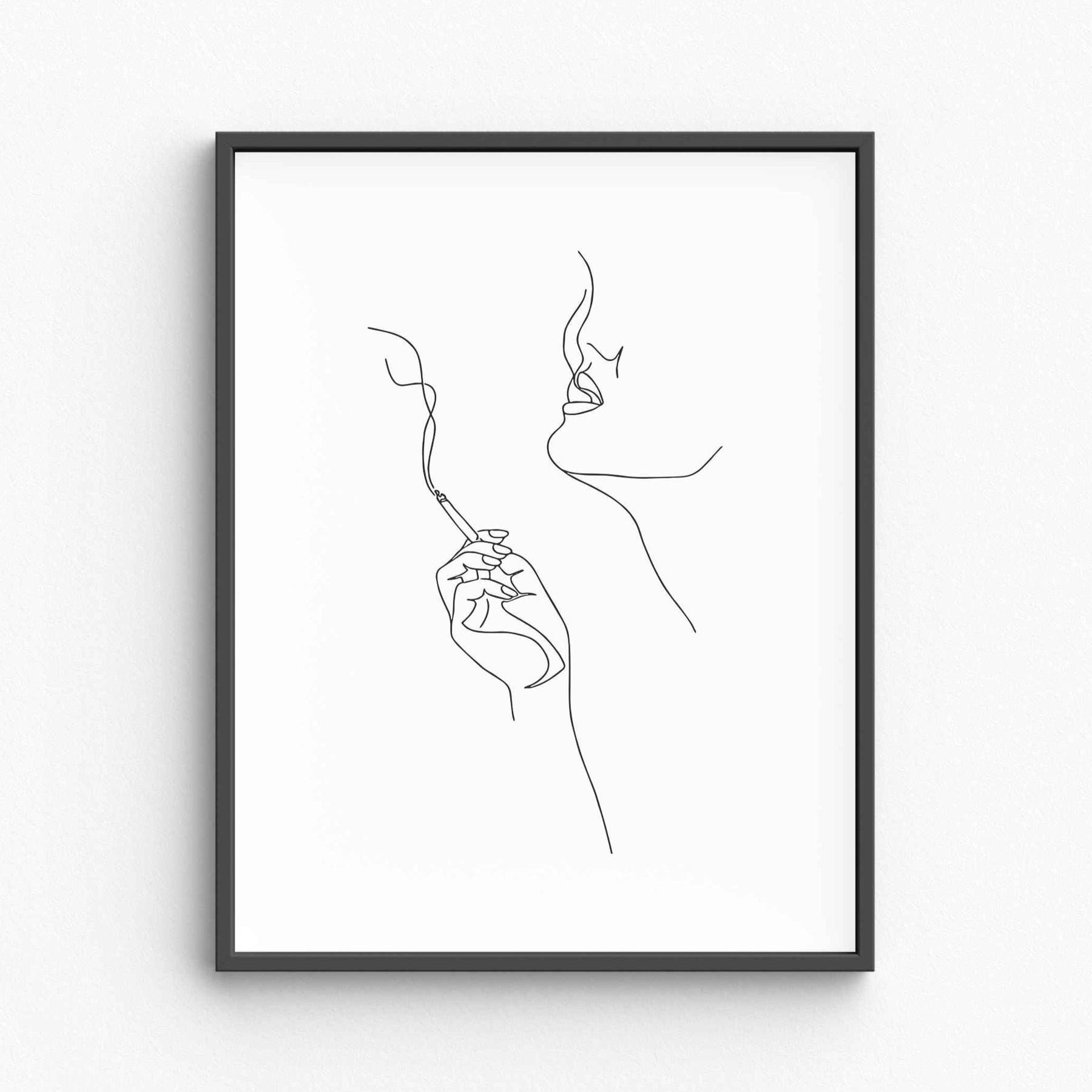 woman smoking cigarette drawing Minimalist Smoking Woman Line Art Print, Black and White (digital Download)