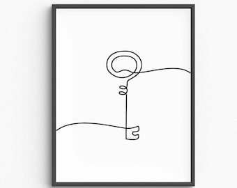 Minimalist Key Line Art Print, Vintage Skeleton Key Drawing (Digital Download)