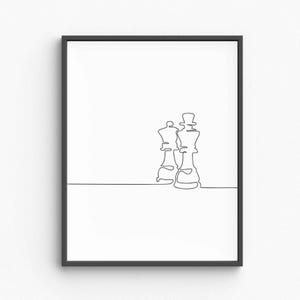 Minimalist Chess Line Art, Elegant Strategy Game Drawing, King and Queen Sketch, Intellectual Wall Decor, Printable Wall Art