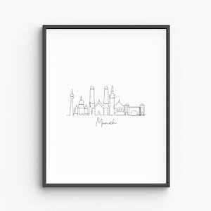 Arte lineal de Múnich, impresión mural de silueta de ciudad, póster minimalista de Múnich, decoración de viaje a Alemania, dibujo urbano, descarga digital