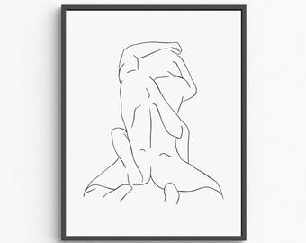 Romantic Couple Line Art Print, Sensual Embrace, Minimalist Bedroom Decor (Digital Download)