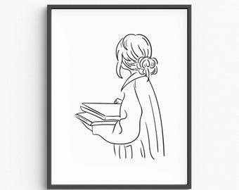 Minimalist Woman Reading Line Art Print (Digital Download)