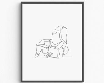 Minimalist Woman Reading Line Art Print, Book Lover Gift (Digital Download)