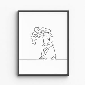 Minimalistische Tanzpaar Line Art, Romantische Partner Tanz Zeichnung, Elegante Liebe Silhouette, Schwarz und Weiß Wandkunst, Modernes Dekor
