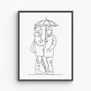 Romantic Couple Under Umbrella, Rainy Day Line Art, Minimalist Love Print, Printable Wall Art