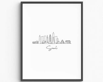 Lámina artística del horizonte de Seúl, paisaje urbano minimalista (descarga digital)