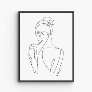 Peut inclure: Une impression d'art minimaliste en noir et blanc. L'œuvre représente le dos d'une personne avec ses cheveux en chignon. La figure est rendue avec un seul trait continu, créant une esthétique simple mais élégante. L'impression est encadrée dans un cadre noir.