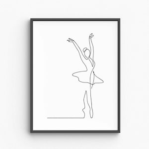 May include: Black framed print featuring a minimalist line drawing of a ballerina in a graceful pose. The artwork depicts a dancer with arms raised, wearing a tutu. The simple, elegant design is set against a white background.