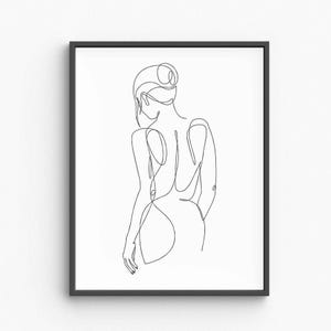 Minimalistische Frau Silhouette Line Art, elegante weibliche Körperumrisse, anmutige Dame Figur Zeichnung, schwarz weiße Wandkunst, feminines Dekor