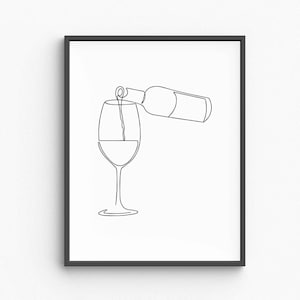 Minimalist Wine and Glass Line Art, Elegant Drink Sketch, Kitchen Wall Decor, Bar Area Illustration, Printable Wall Art