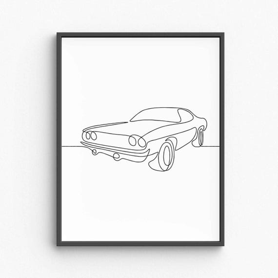 Minimalist Muscle Car Line Art, Vintage American Car Sketch, Retro