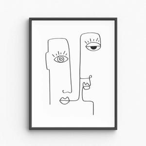 May include: Black framed art print featuring a minimalist line drawing of two faces. The artwork is a continuous line, depicting eyes, noses, and mouths. The style is modern and abstract, suitable for home decor.