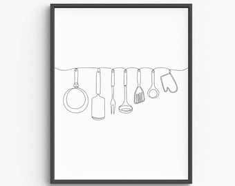 Minimalist Kitchen Utensils Line Art Print, Culinary Decor (Digital Download)