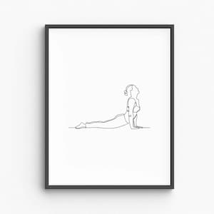 Arte lineal de mujer de yoga con estiramiento de gato, impresión de postura de yoga minimalista, decoración de pared tranquila, ilustración de movimiento consciente, descarga digital