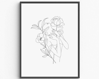Woman and Floral Line Art Print, Feminine Botanical Drawing (Digital Download)
