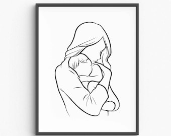 Minimalist Mom and Baby Line Art Print, Family Wall Decor (Digital Download)