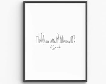 Lámina artística de paisaje urbano de Seúl, decoración minimalista coreana (descarga digital)