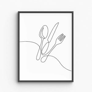Może przedstawiać: Czarny, oprawiony wydruk z minimalistycznym rysunkiem linii łyżki, noża i widelca. Sztućce przedstawione są w postaci ciągłej czarnej linii na białym tle. Grafika to prosta, elegancka reprezentacja niezbędnych elementów jadalni.