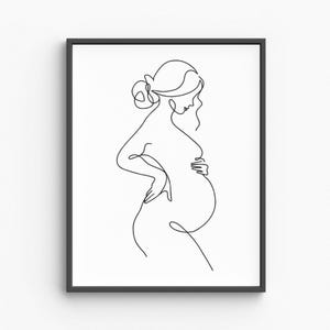 Minimalistische schwangere Frau Linie Kunst, Mutterschafts-Wand-Druck, schwarz weiße Mutter, die Zeichnung, emotionales Schwangerschafts-Plakat, digitaler Download